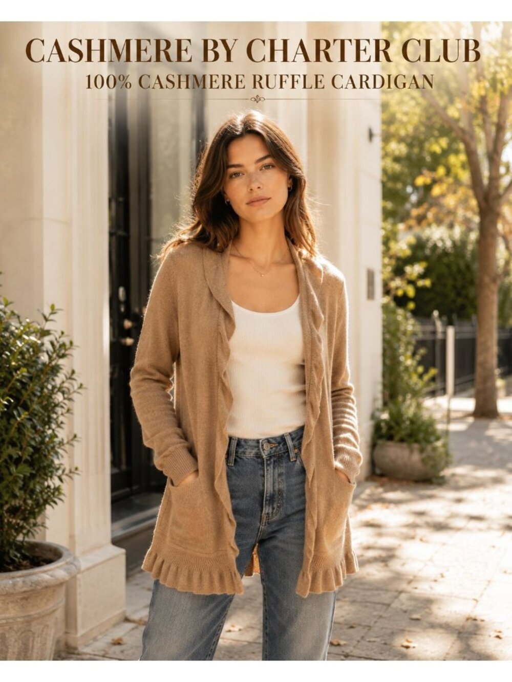Charter Club 100% Cashmere Cardigan Sz M Camel Ruffle Open Front Romantic